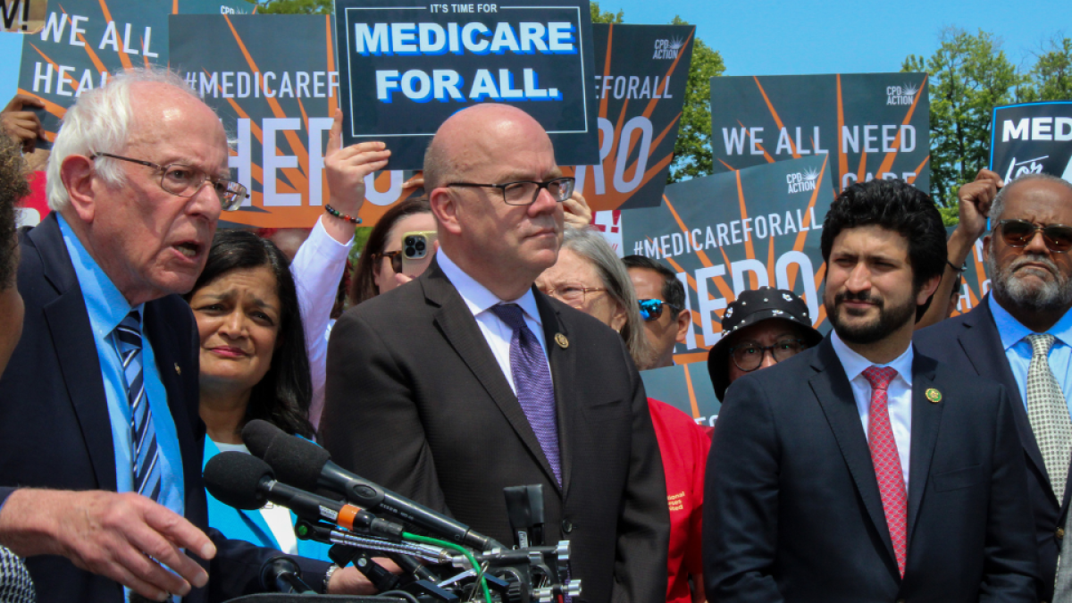Senator Bernie Sanders, Congressman Casar, and other members of Congress at a press conference for Medicare for All