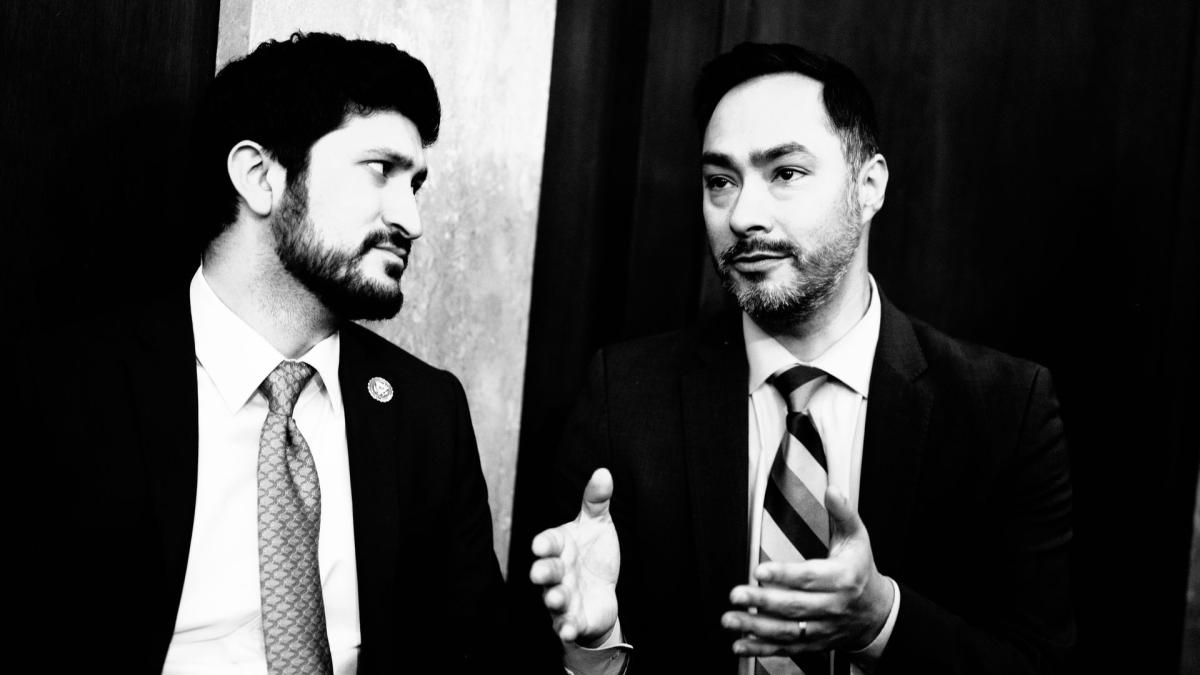 Congressman Greg Casar and Congressman Joaquin Castro speak on the House floor
