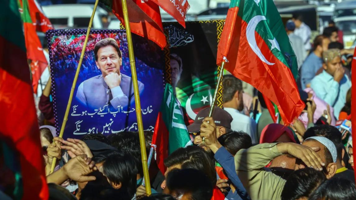 Supporters of Imran Khan’s political party the Pakistan Tehreek-e-Insaf during a protest in Karachi, Pakistan, on Feb. 17, 2024. Photo: Asim Hafeez/Bloomberg via Getty Images