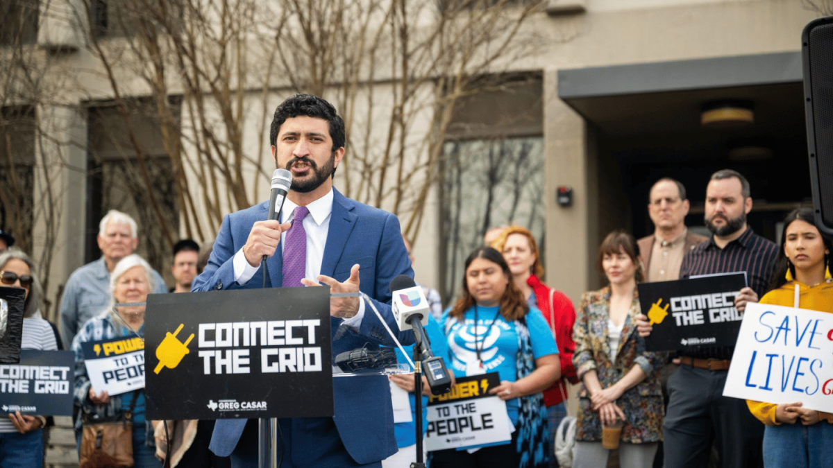Congressman Greg Casar speaks at an Austin press conference for the Connect the Grid Act