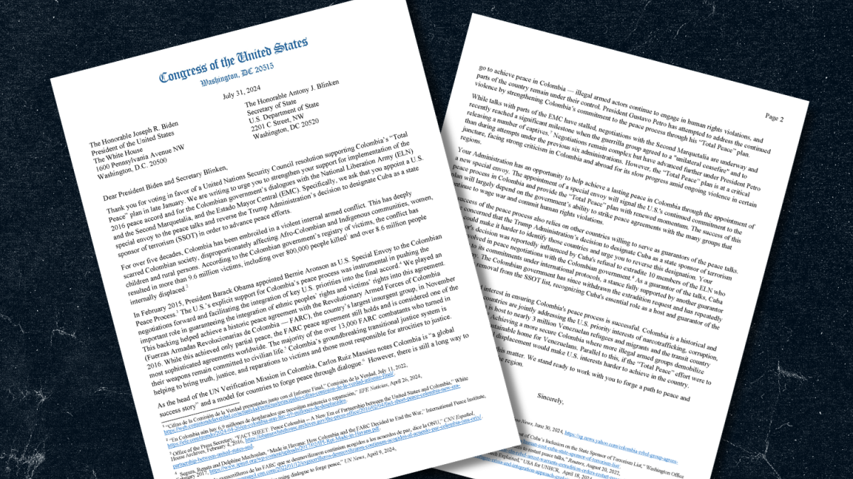 A screenshot of the letter to the Administration urging support for Colombia's peace process