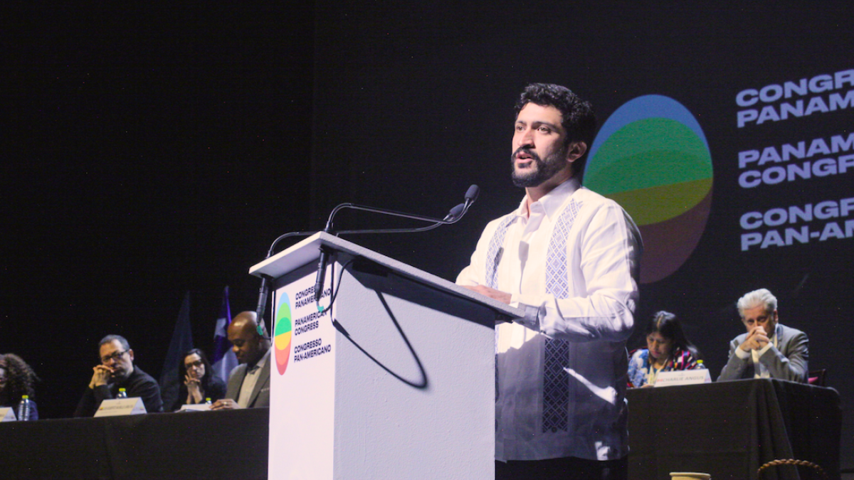 Congressman Greg Casar (D-Texas) speaks during the first-ever Panamerican Congress in Bogotá, Colombia on Aug. 3, 2024. (Photo courtesy the Center for Economic and Policy Research)