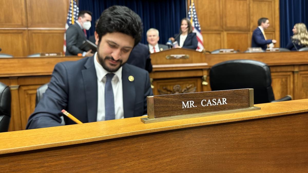 Congressman Greg Casar sits at his desk in the Oversight Committee, with his nameplate displaying "Mr. Casar"