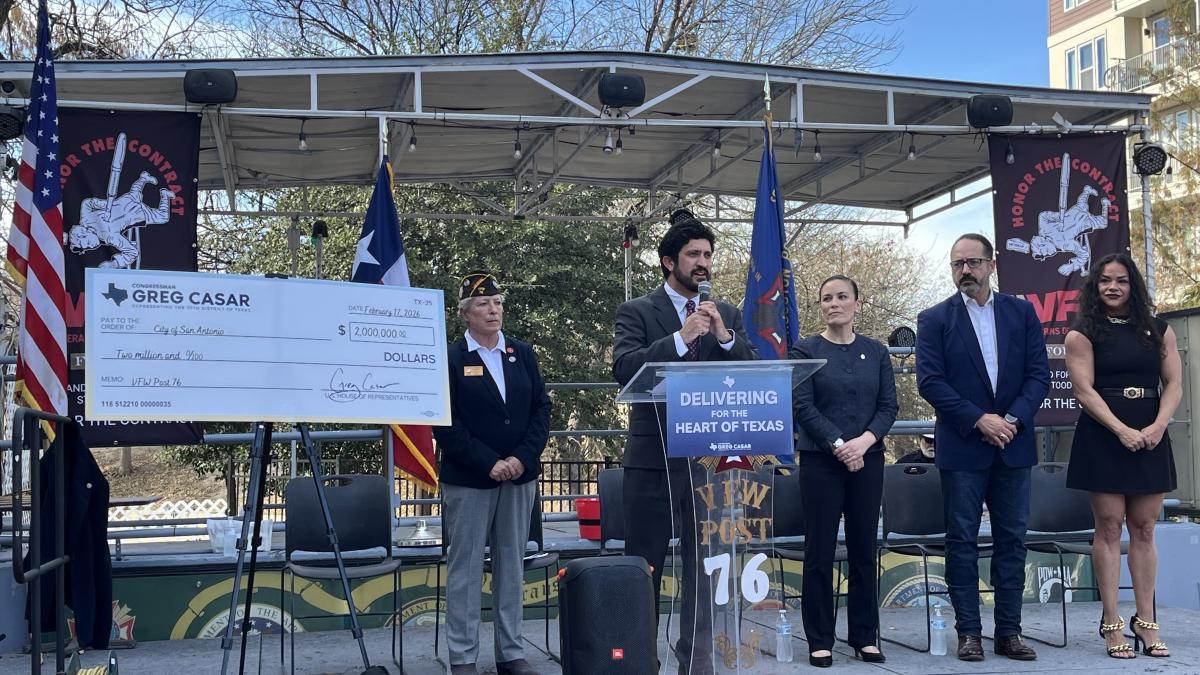 Photo of Monica Morris (Commander, VFW Post 76); Congressman Greg Casar; San Antonio Mayor Gina Ortiz Jones; State Senator José Menéndez; and State Representative Josey Garcia at the VFW event in San Antonio
