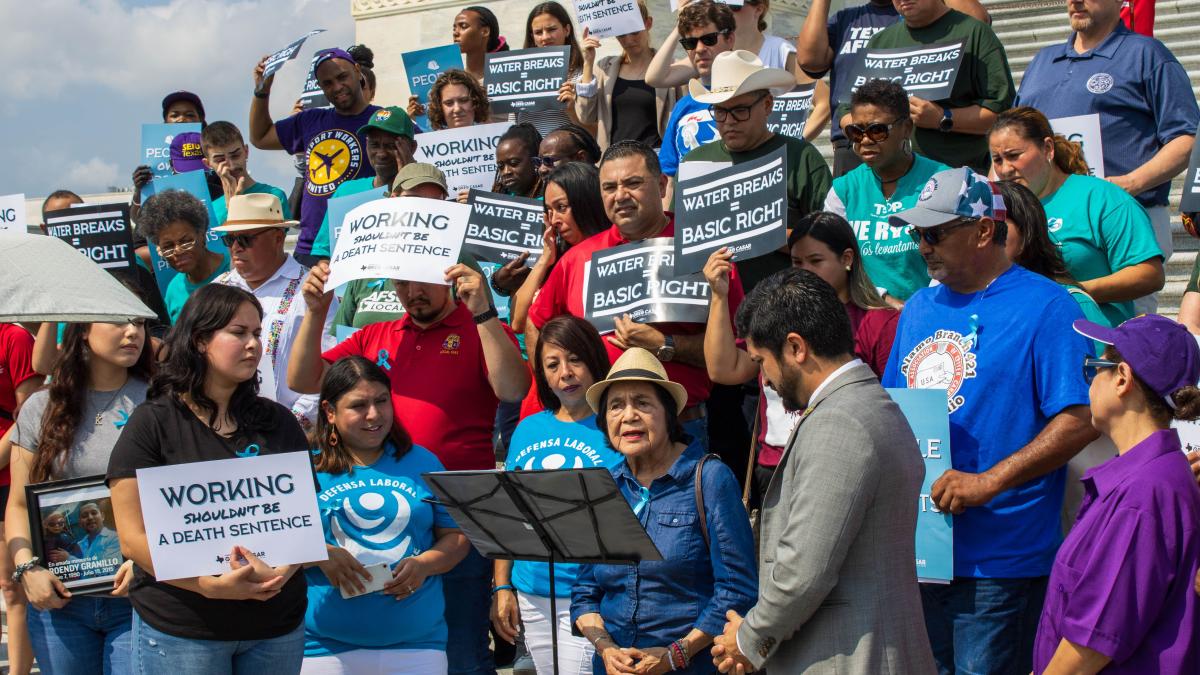 Congressman Greg Casar with union members and Dolores Huerta speaking in front of House steps