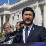 Congressman Greg Casar speaking into a microphone and addressing Members of Congress and viewers