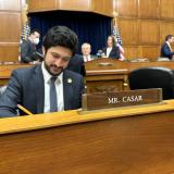 Congressman Greg Casar sits at his desk in the Oversight Committee, with his nameplate displaying "Mr. Casar"