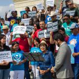 Congressman Greg Casar with union members and Dolores Huerta speaking in front of House steps