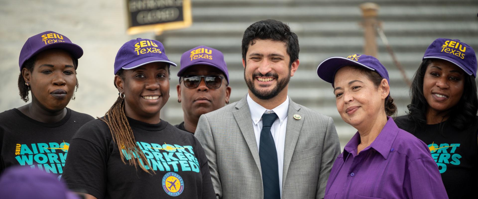 Congressman Greg Casar standing with union members