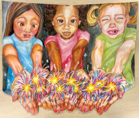 An artistic depiction of three children with fireworks in their hands